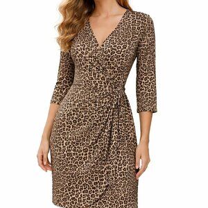 Katherine Way Animal Print Faux Wrap Dress Size XS 3/4 Sleeves Black Tan Career